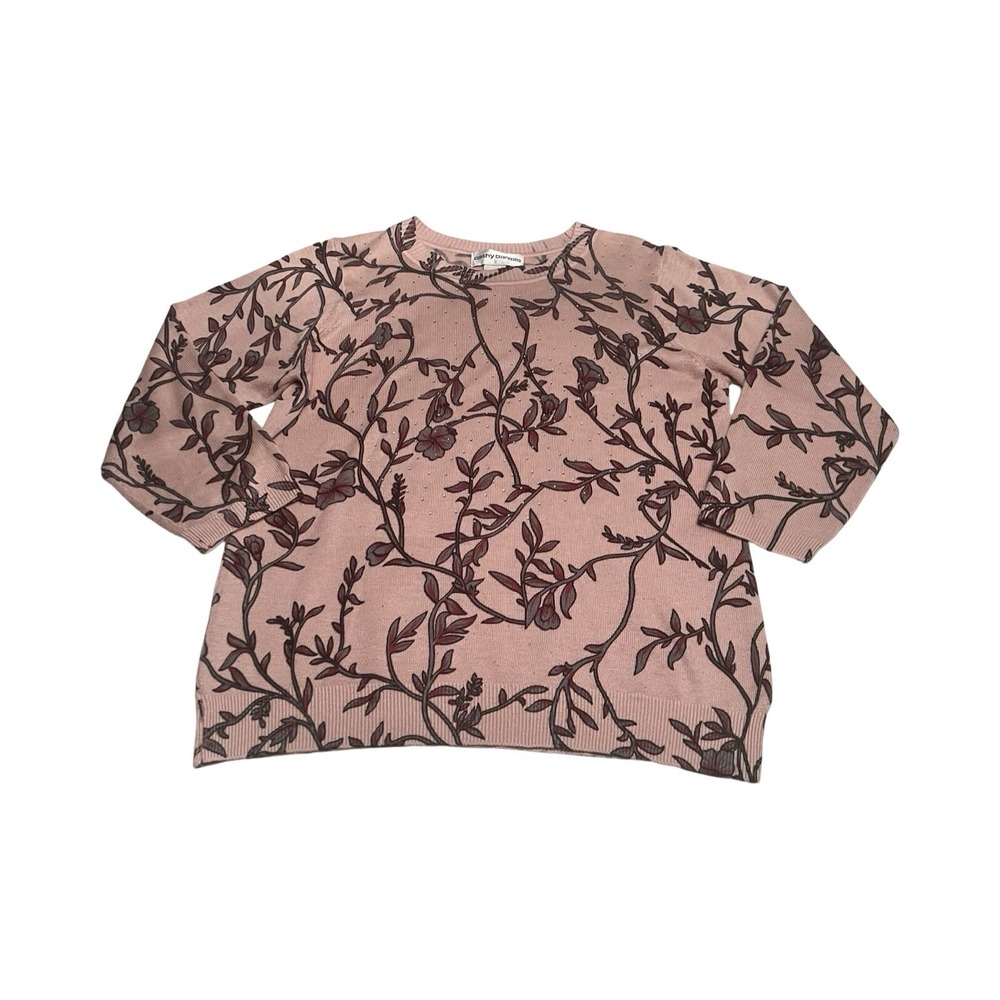Cathy Daniels Pink Floral Vine Rhinestone Knit Sweater Womens Large Crew Neck